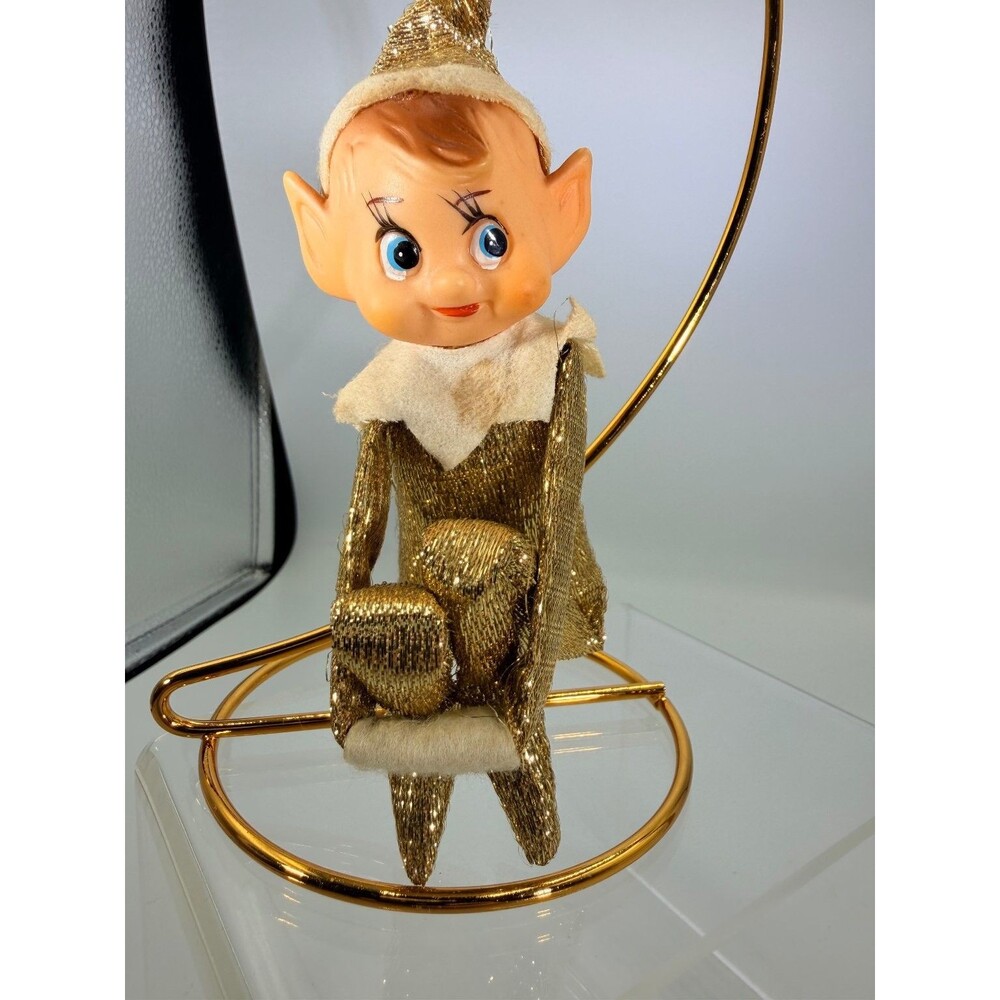 Vintage GOLD LAME! Knee Hugger Elf Pixie Christmas Ornament Posable MCM 5+"